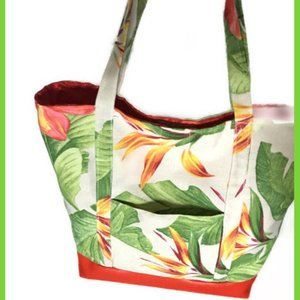 HAWAIIAN BEAUTIFUL BIRDS 0F PARADISE HANDBAG /TOTE BAG IN CANVAS & RED LEATHER